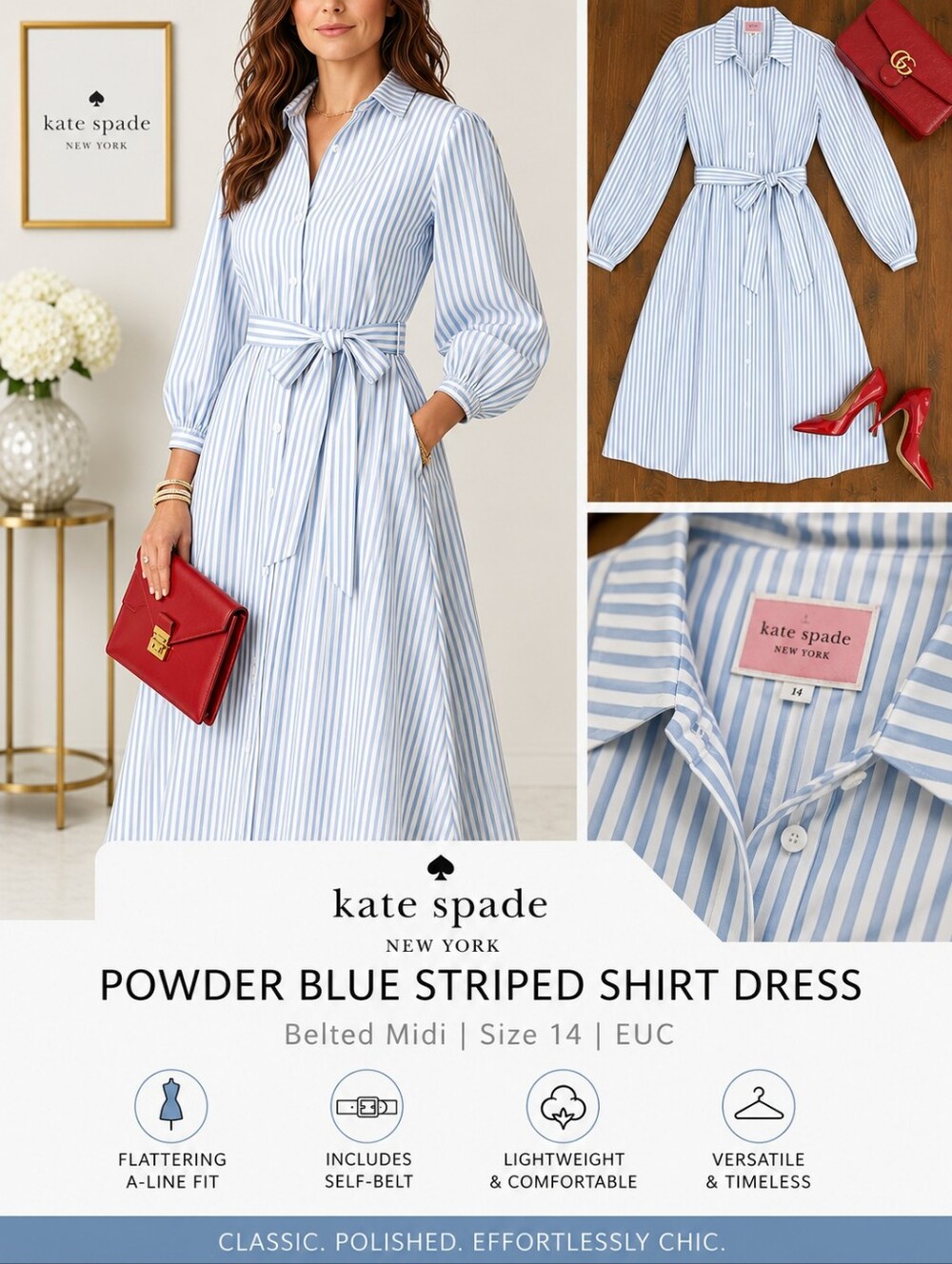 Kate Spade Powder Blue Striped Shirt Dress | Belted Midi | Size 14 | EUC